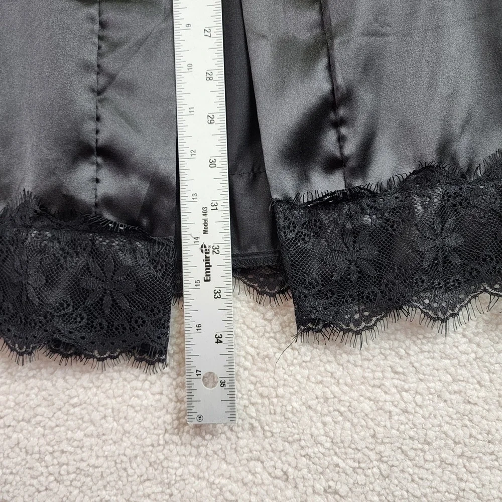 Satin Kimono‎ Robe Womens Small Black Excellent Lace Trim 3/4 Sleeve